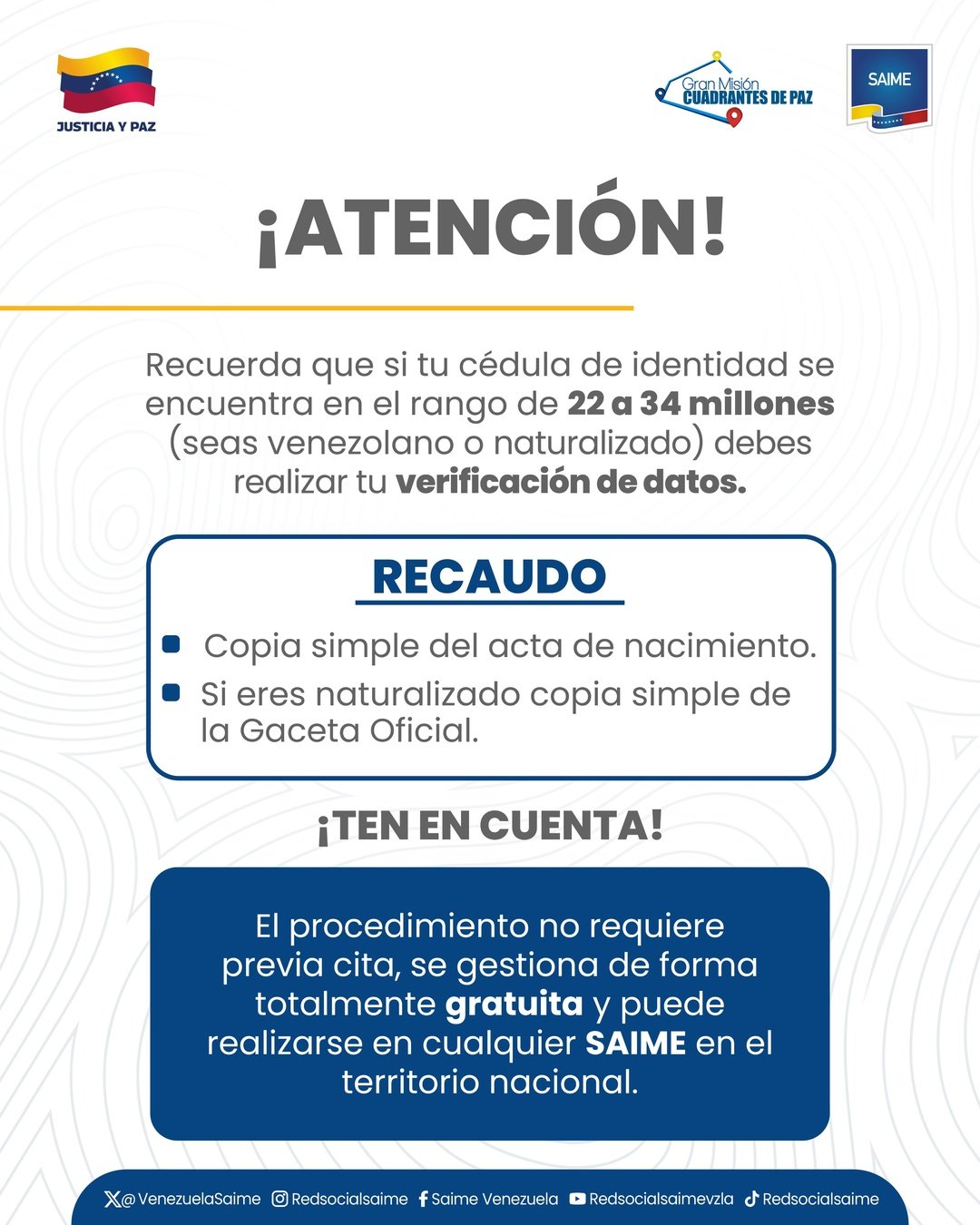 SAIME LLAMA A VENEZOLANOS Y NATURALIZADOS CON CÉDULAS ENTRE 22 Y 34 MILLONES A VERIFICAR SUS DATOS